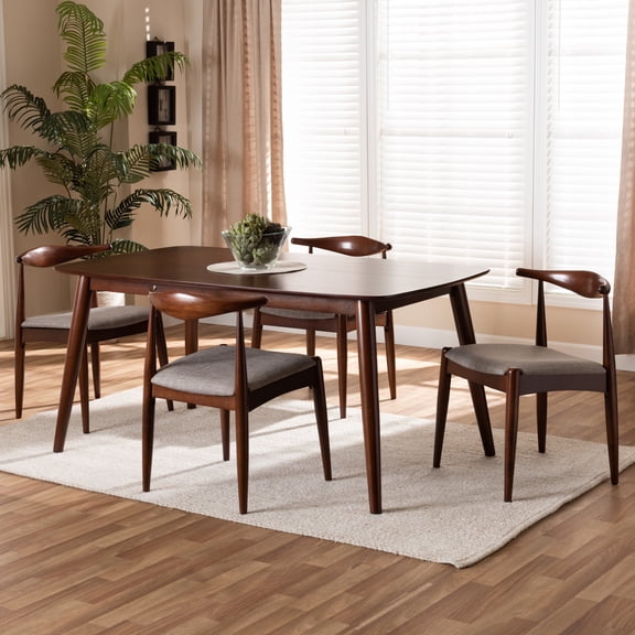 Baxton Studio Amato MidCentury Modern Light Gray Fabric Upholstered Walnut Finished Wood 5Piece Dining Set