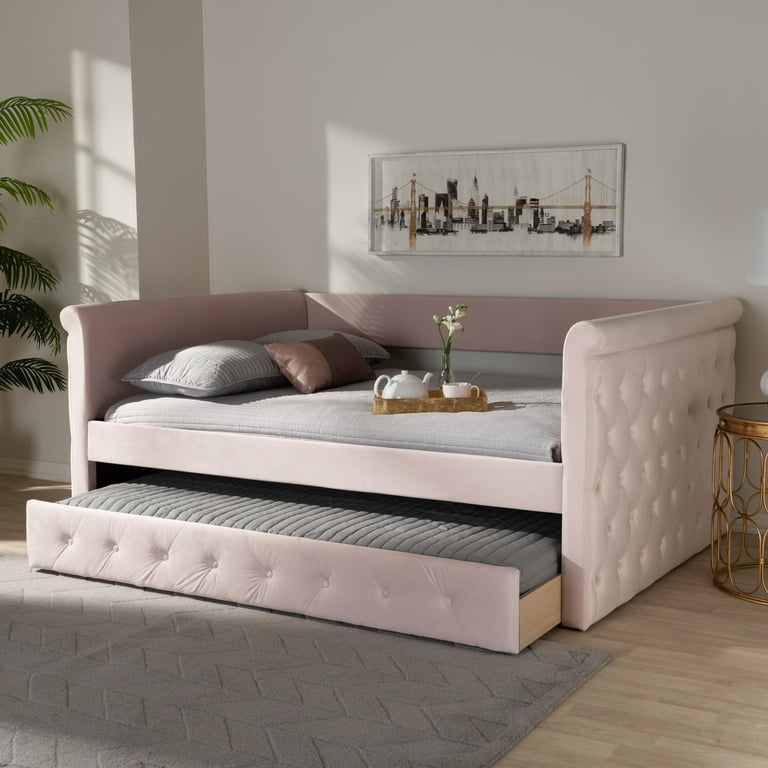 Baxton Studio Amaya Modern and Contemporary Light Pink Velvet Fabric Upholstered Queen Size Daybed with Trundle