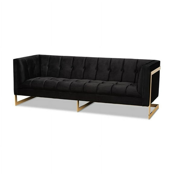 Baxton Studio Ambra Black Velvet and Button Tufted Sofa with Gold-Tone Frame