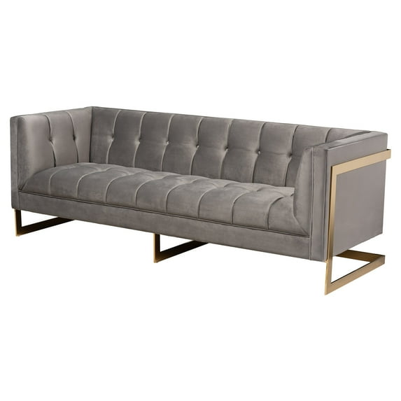 Baxton Studio Ambra Glam and Luxe Grey Velvet Fabric Upholstered and Button Tufted Sofa with Gold-Tone Frame