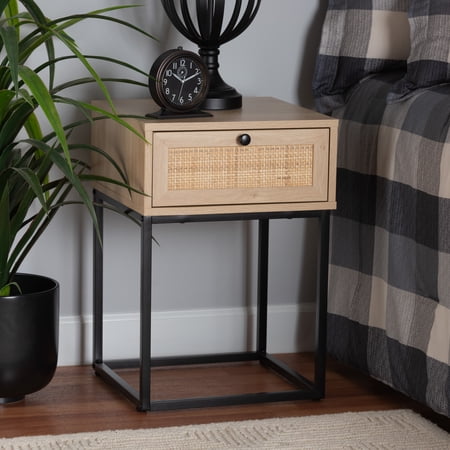 Baxton Studio Amelia Mid-Century Modern Transitional Natural Brown Finished Wood and Natural Rattan 1-Drawer End Table