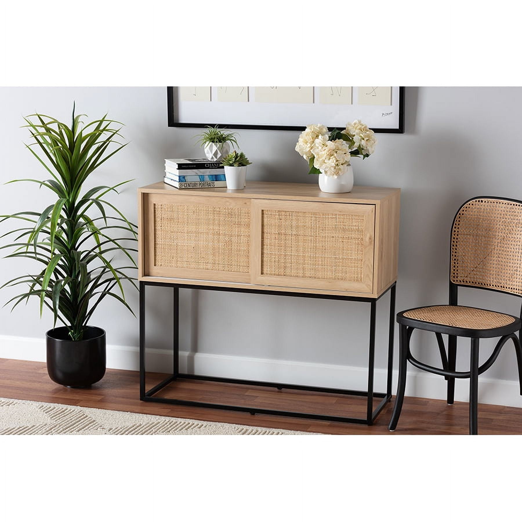 Amelia 42.9" Natural Brown Wood and Black Metal Rattan Sideboard