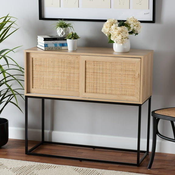 Baxton Studio Amelia Mid-Century Modern Transitional Natural Brown Finished Wood and Natural Rattan Sideboard Buffet