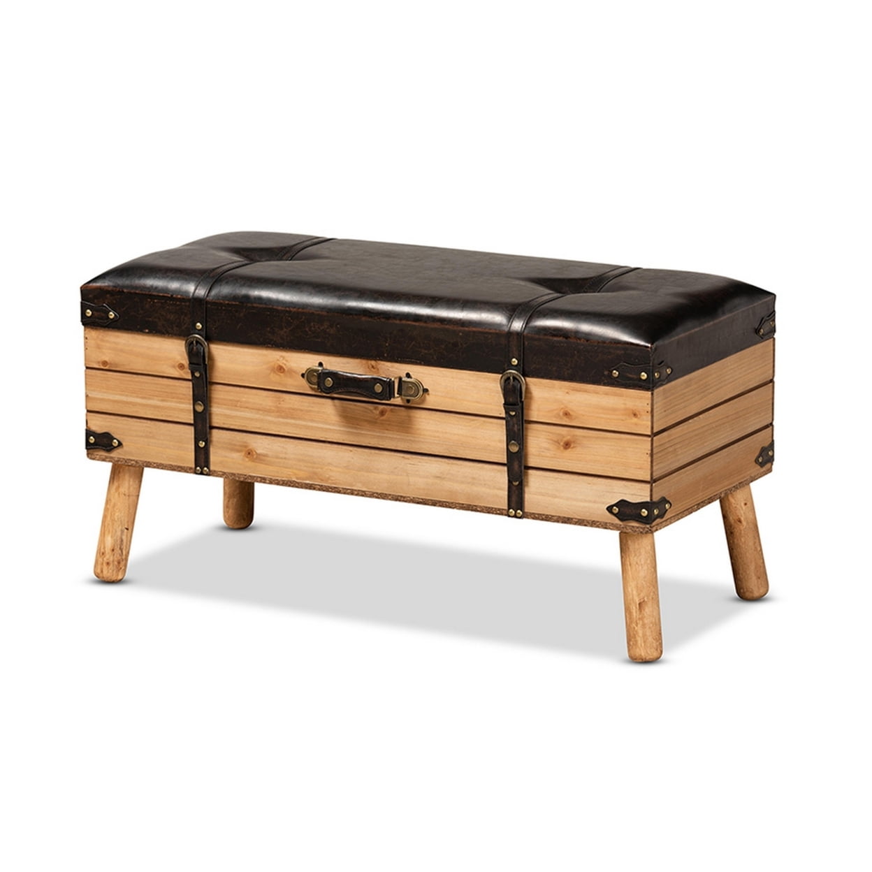 Amena Rustic Dark Brown PU Leather & Oak Large Storage Ottoman