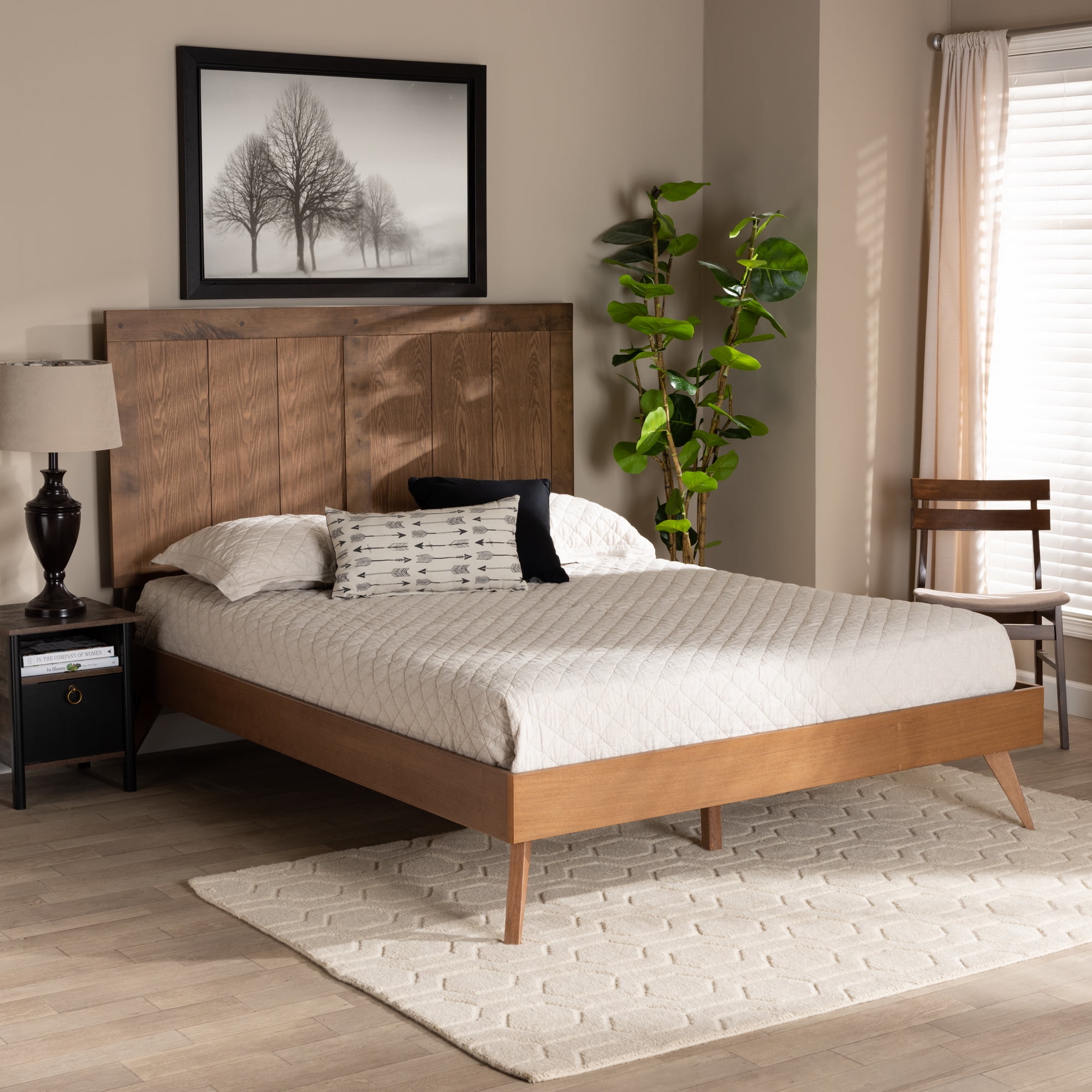 Baxton Studio Amira Mid-Century Wood Back Support Platform Bed, Queen, Ash Walnut