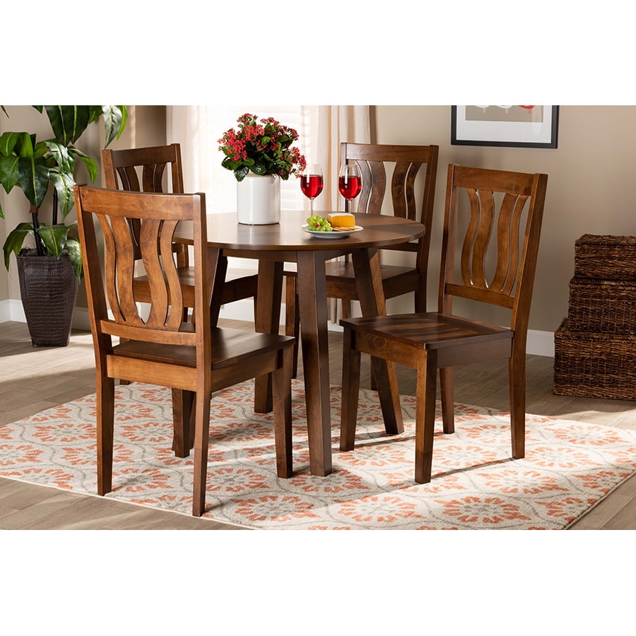 Walnut Brown Finished Wood 5-Piece Dining Set with Geometric Cut Out Chairs