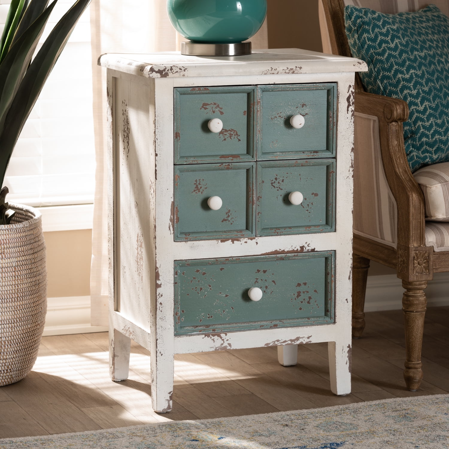 Distressed White and Teal 5-Drawer Wood Accent Chest