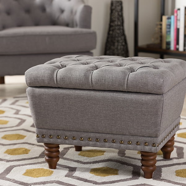 Annabelle Light Grey Tufted Storage Ottoman with Walnut Wood Legs
