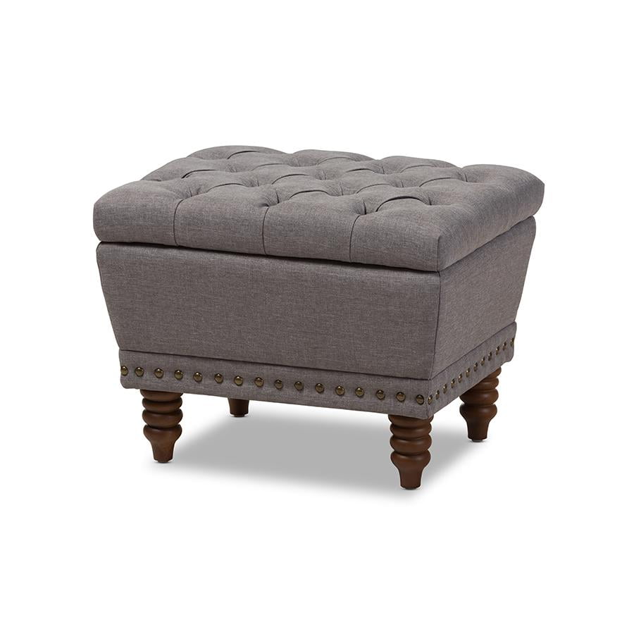 Annabelle Light Grey Tufted Storage Ottoman with Walnut Wood Legs