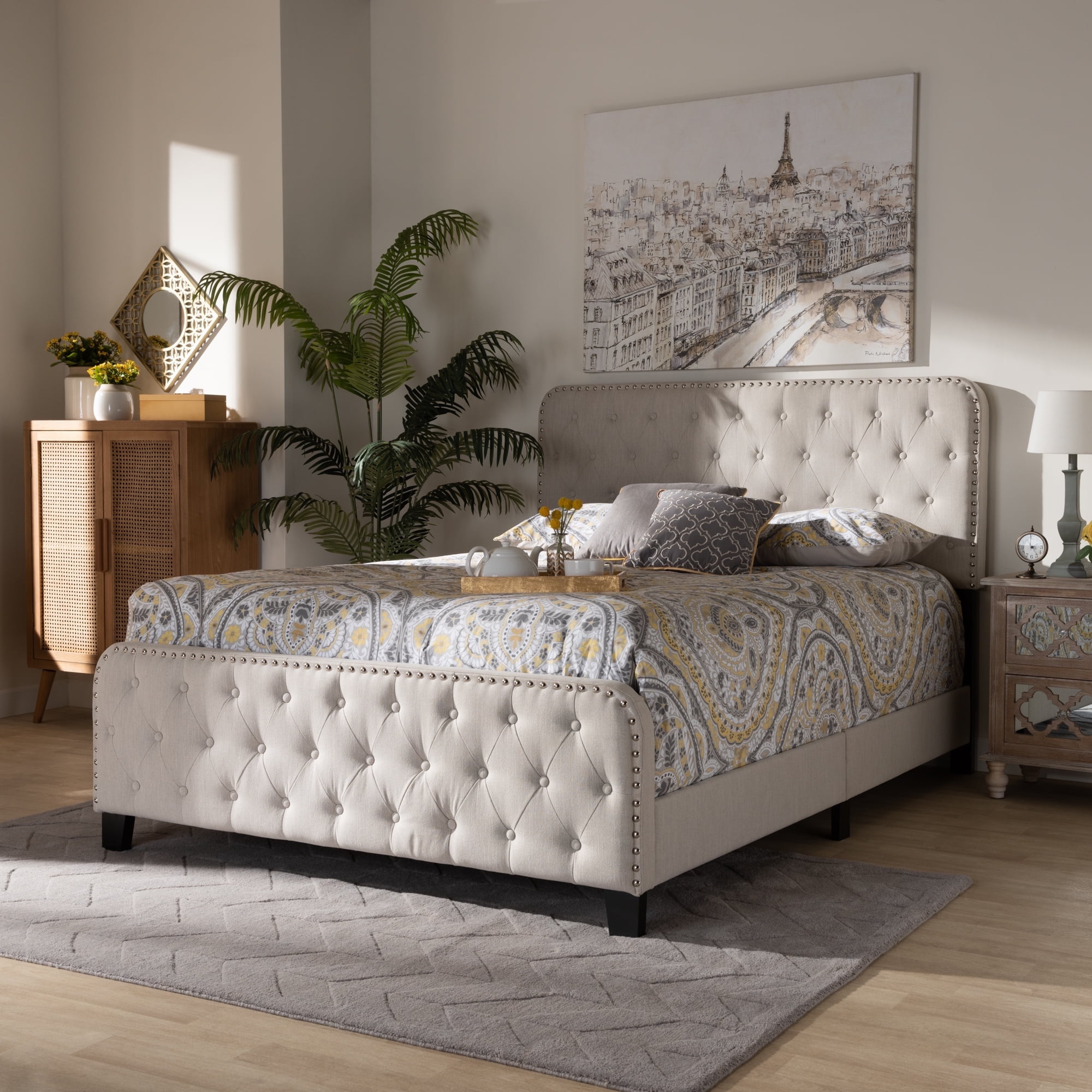 Baxton Studio Annalisa Modern Transitional Beige Fabric Upholstered Button Tufted Full Size Panel Bed Baxton Studio Annalisa Modern Transitional Beige Fabric Upholstered Button Tufted Full Size Panel Bed