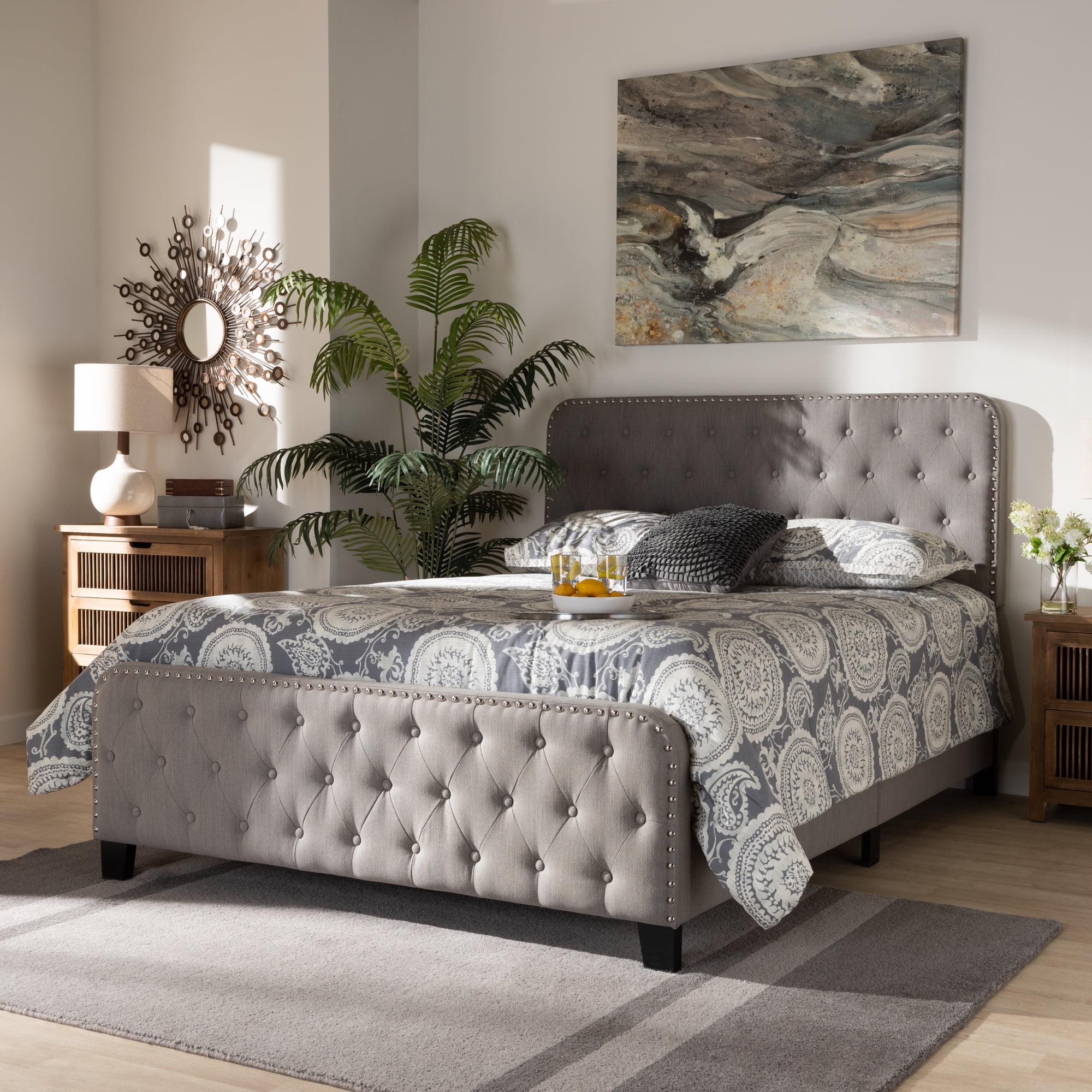 Baxton Studio Annalisa Modern Transitional Grey Fabric Upholstered Button Tufted Queen Size Panel Bed Baxton Studio Annalisa Modern Transitional Grey Fabric Upholstered Button Tufted Queen Size Panel Bed