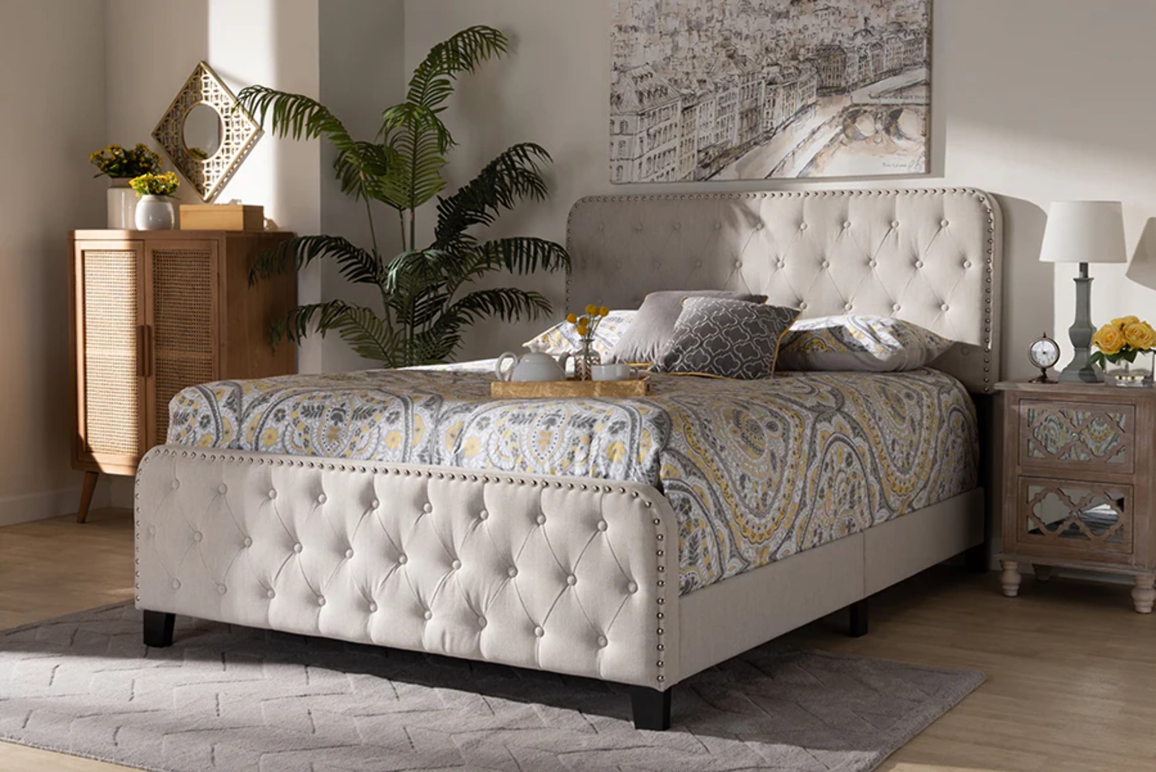 Beige Queen Upholstered Tufted Bed with Nailhead Trim