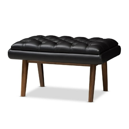 Baxton Studio Annetha Mid-Century Modern Black Faux Leather Upholstered Walnut Finished Wood Ottoman