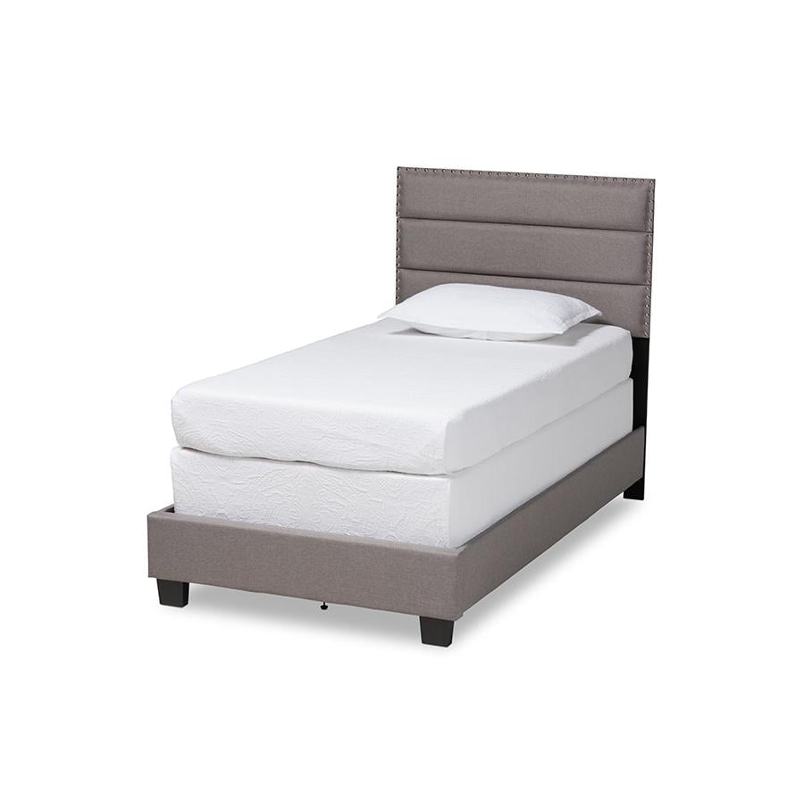 Gray Twin Upholstered Bed with Tufted Headboard and Nailhead Trim