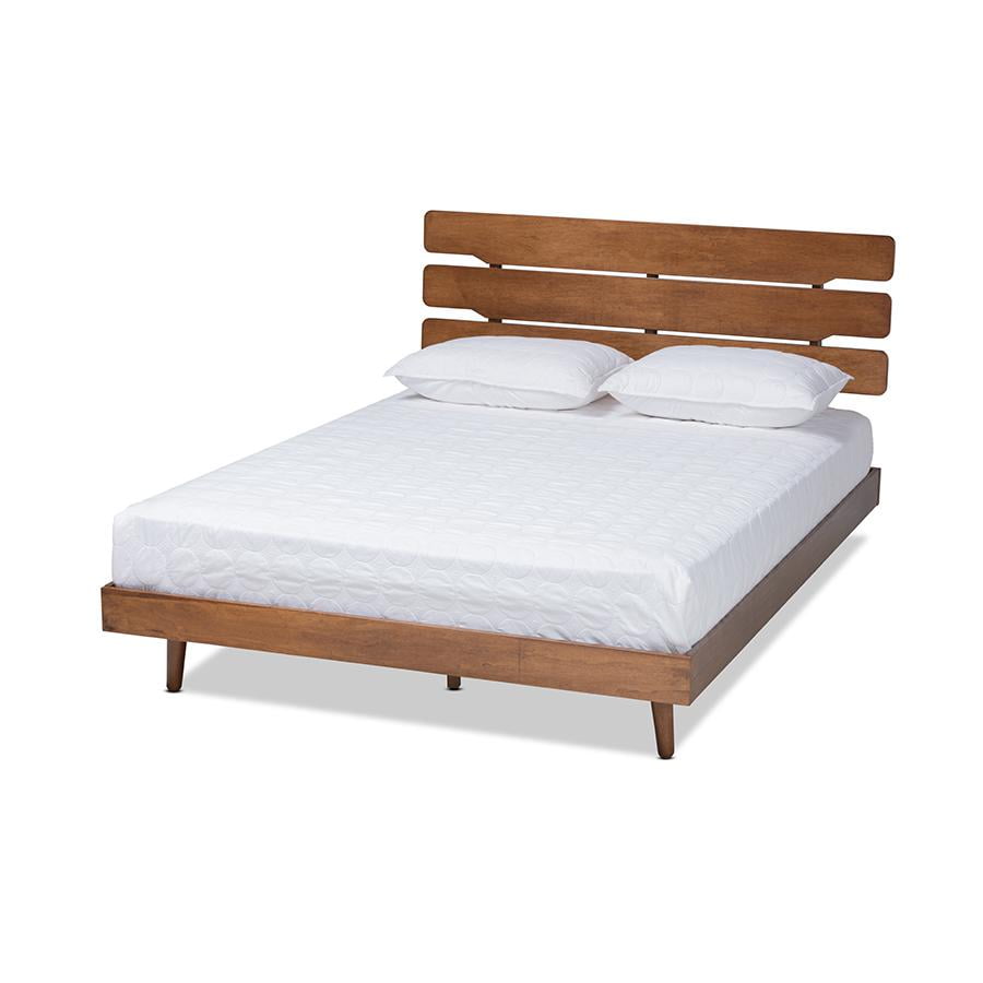 Queen Walnut Rubberwood Platform Bed with Slatted Headboard
