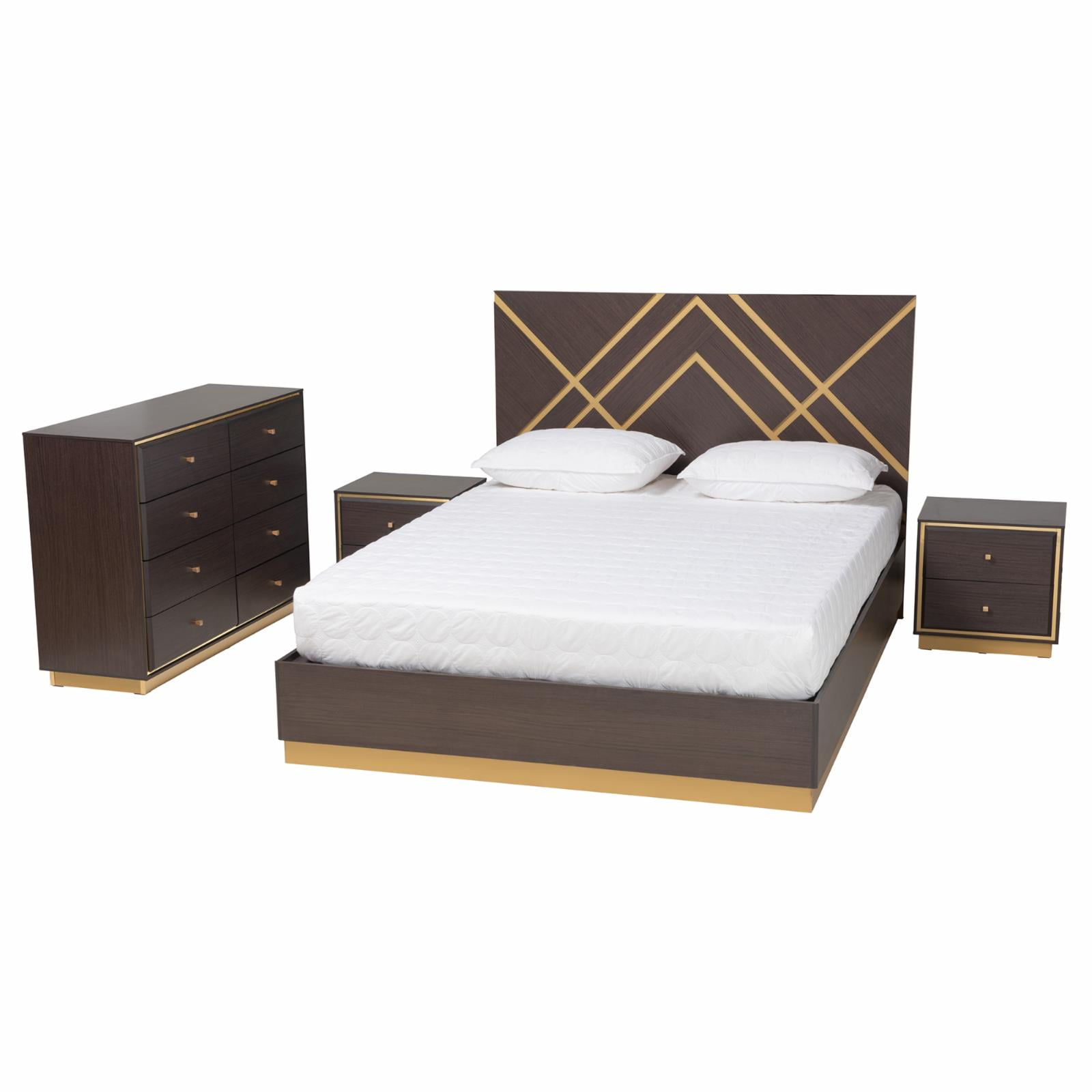 Dark Brown and Gold Queen Size 4-Piece Bedroom Set
