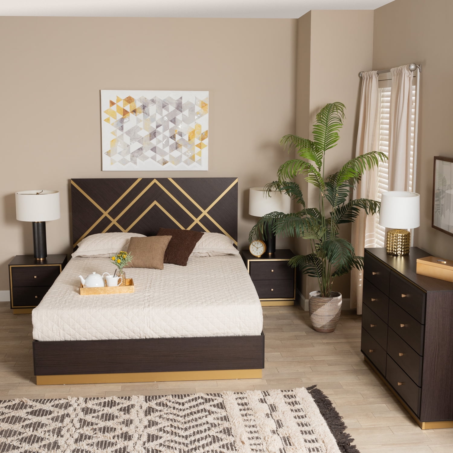 Dark Brown and Gold Queen Size 4-Piece Bedroom Set