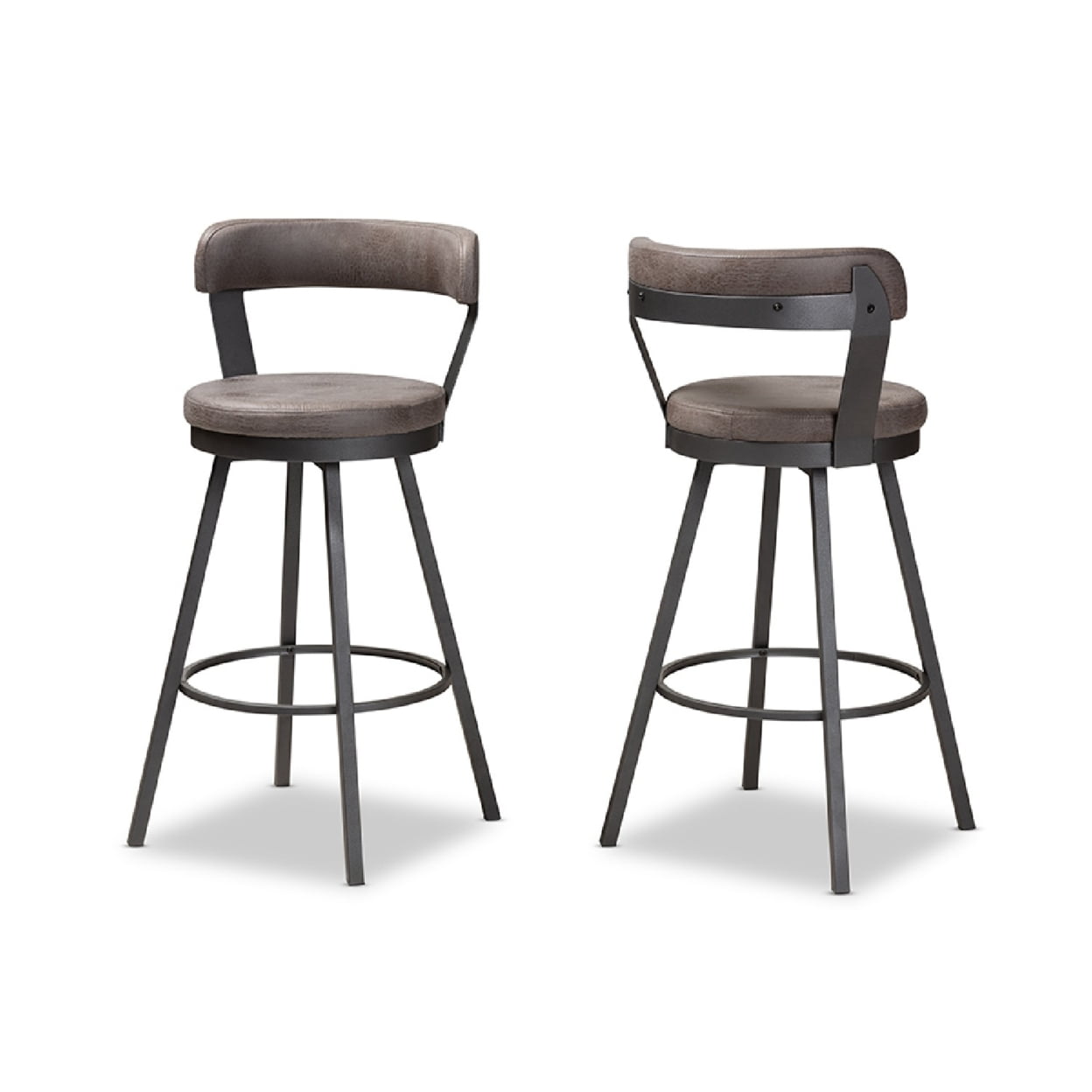 Arcene Antique Gray Faux Leather Swivel Barstools with Metal Frame, Set of 2