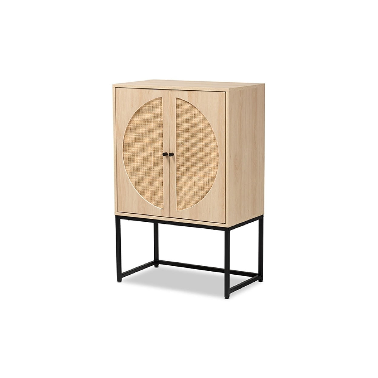 Ardon Bohemian Light Brown Wood and Black Metal Storage Cabinet with Rattan