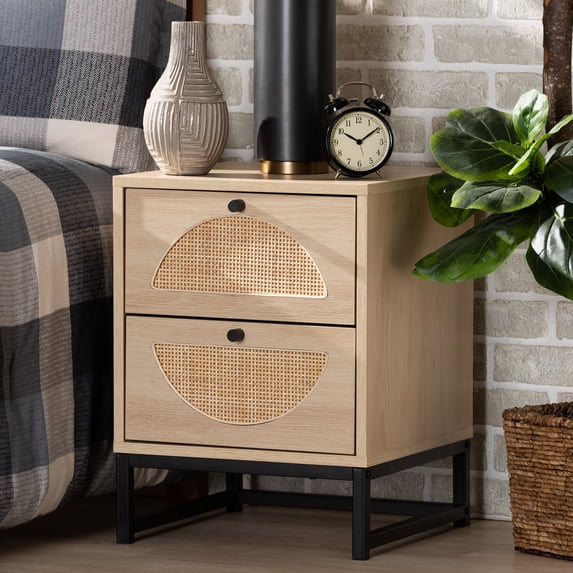 Baxton Studio Ardon Bohemian Light Brown Finished Wood and Black Metal 2-Drawer End Table with Natural Rattan
