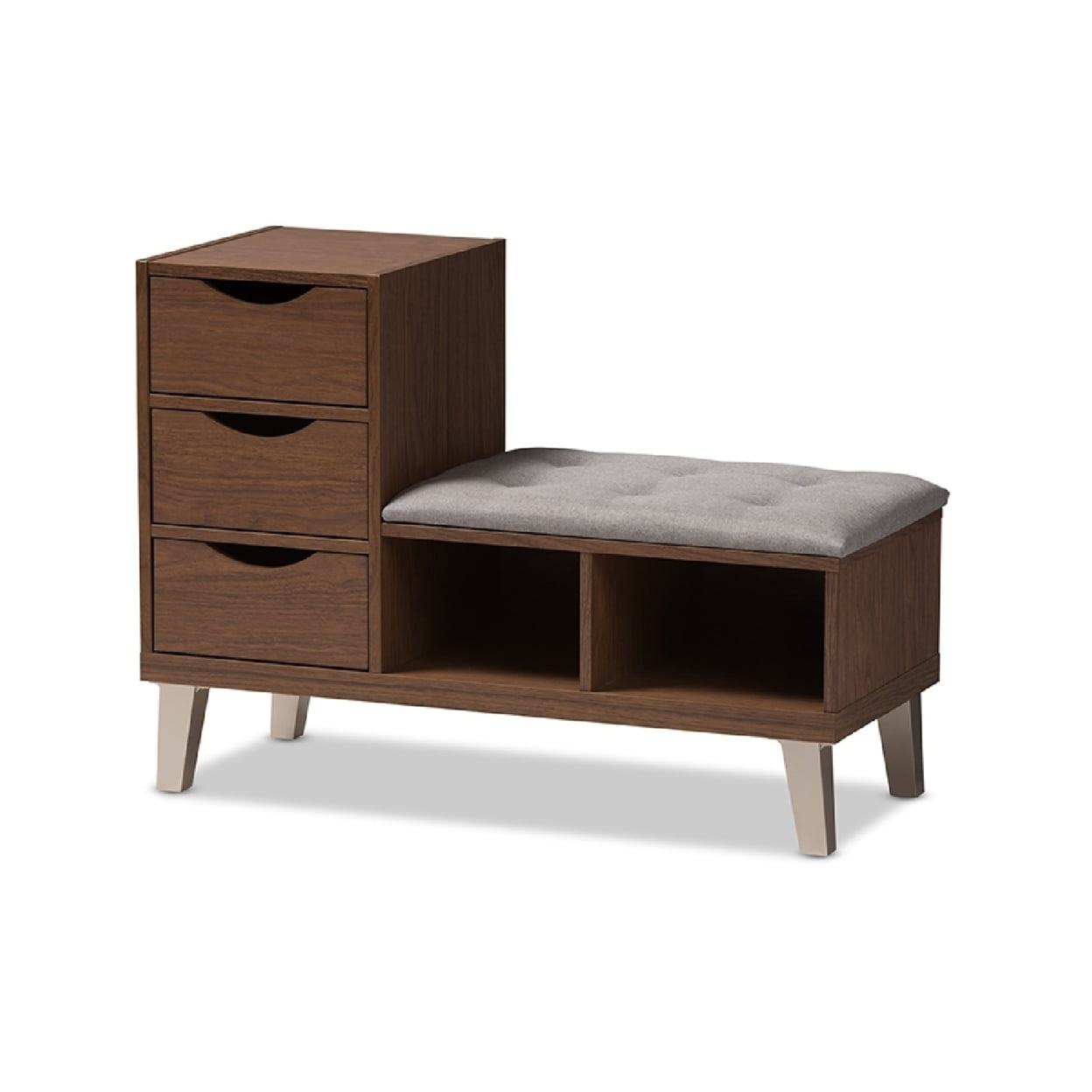 Walnut Wood & Light Gray Fabric 3-Drawer Shoe Storage Bench