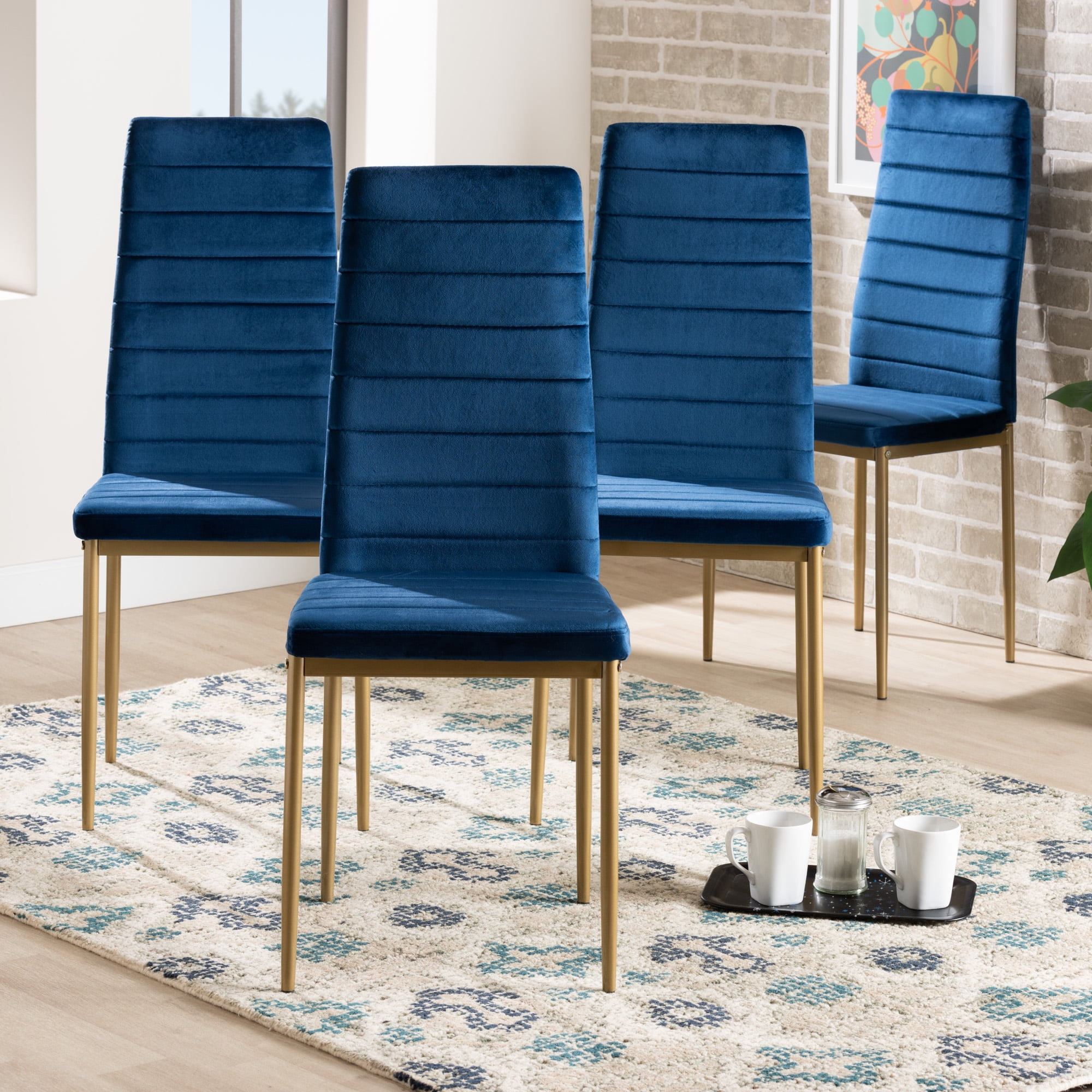 Baxton Studio Armand Dining Chair Set of 4 Navy Blue and Gold