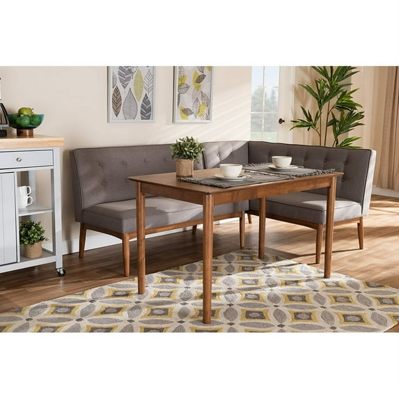 Baxton Studio Arvid Mid-Century Modern Gray Fabric Upholstered 3-Piece Wood Dining Nook Set