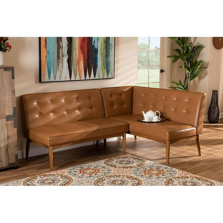 Baxton Studio Arvid Mid Century Modern Tan Faux Leather Upholstered and Walnut Brown Finished 2 Piece Wood Dining Nook