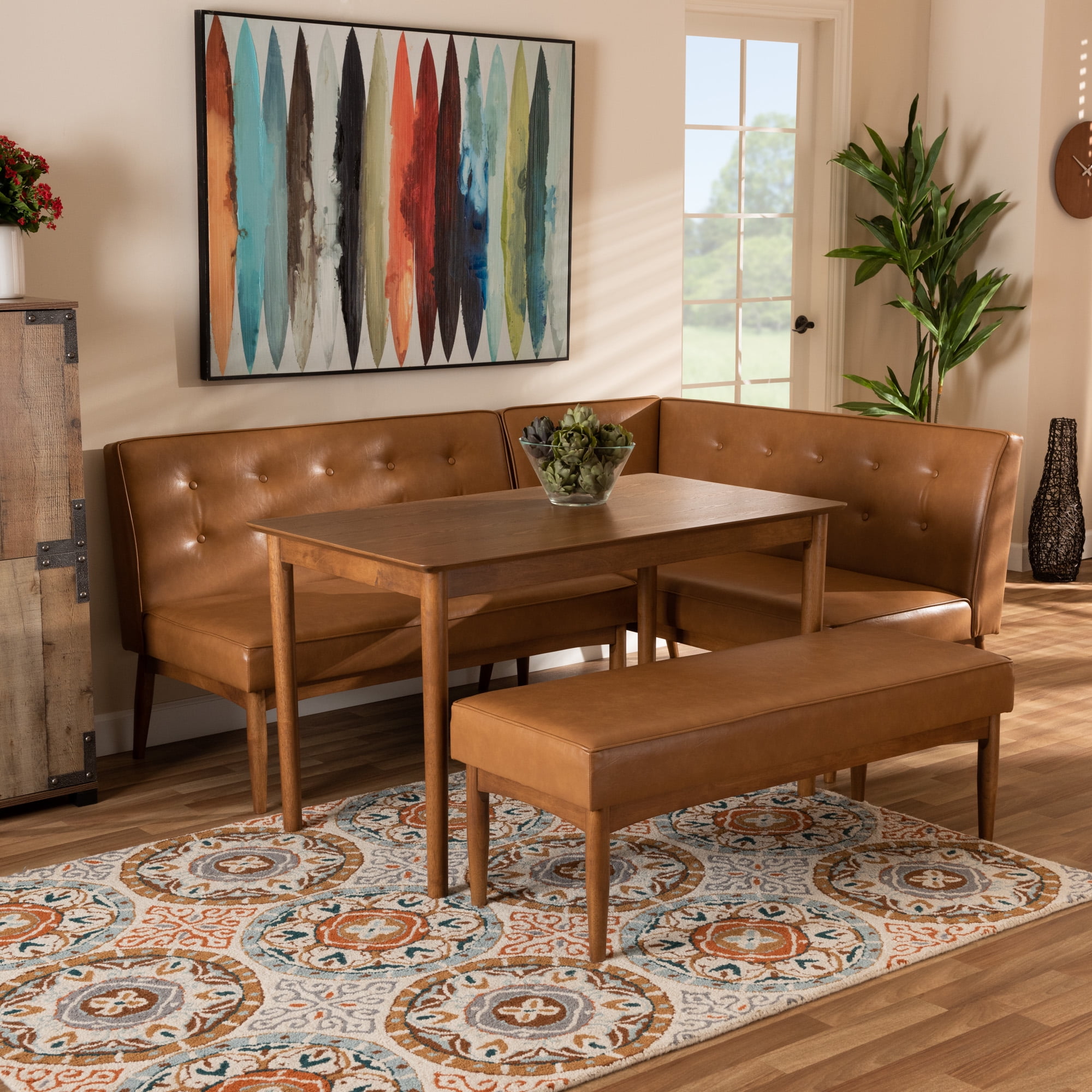 Baxton Studio Arvid Mid-Century Modern Tan Faux Leather Upholstered and Walnut Brown Finished Wood 4-Piece Dining Nook Set