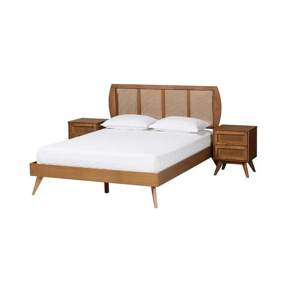 Baxton Studio Asami Brown Wood and Woven Rattan Full Size 3-Piece Bedroom Set
