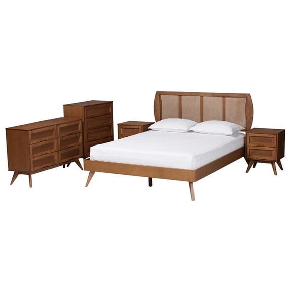 Baxton Studio Asami Brown Wood and Woven Rattan Full Size 5-Piece Bedroom Set
