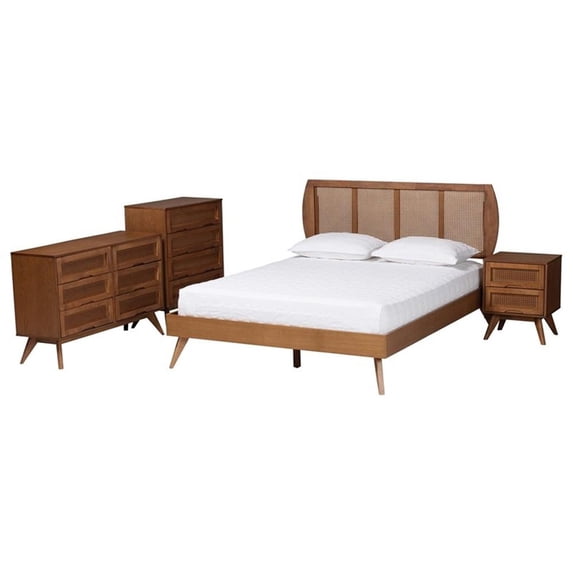 Baxton Studio Asami Brown Wood and Woven Rattan Queen Size 4-Piece Bedroom Set