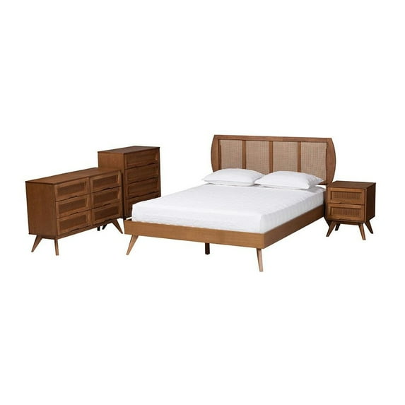 Baxton Studio Asami Brown Wood and Woven Rattan Queen Size 4-Piece Bedroom Set