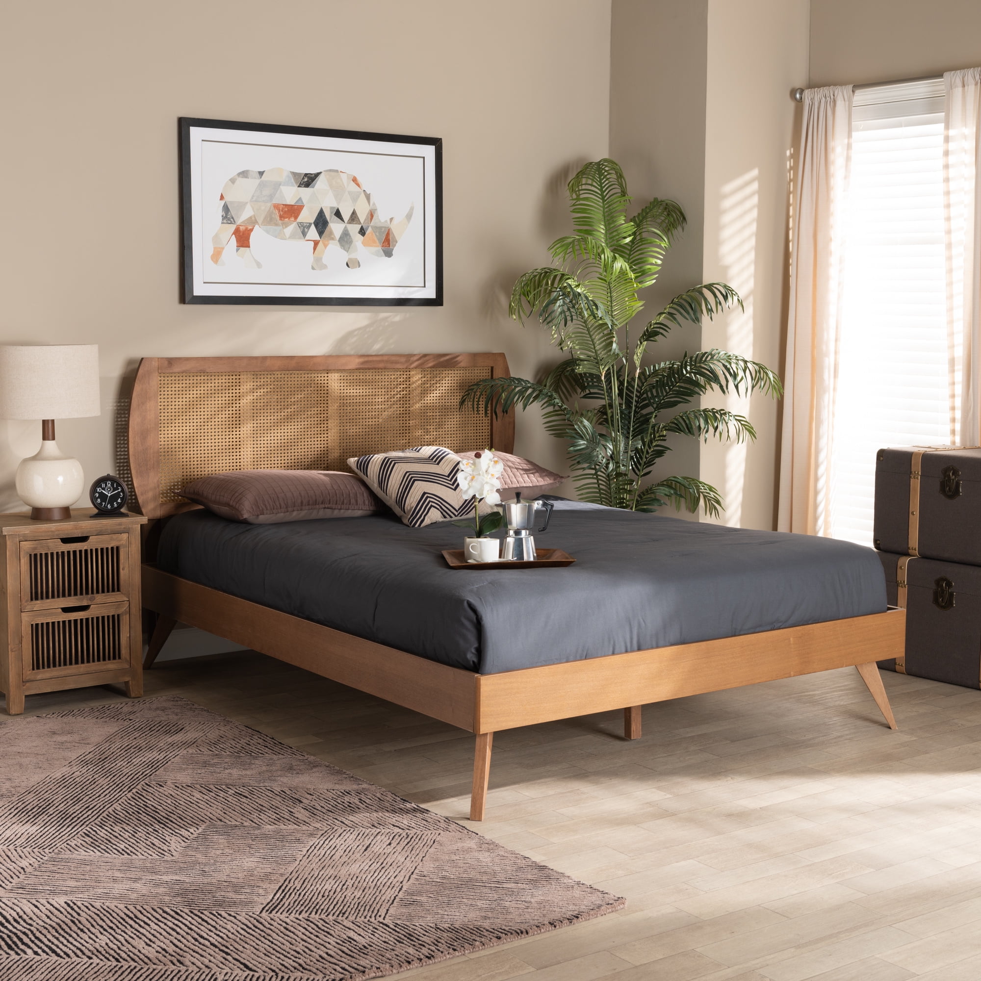 Walnut Brown Full Rubberwood Platform Bed with Rattan Headboard
