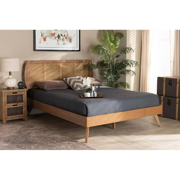 Baxton Studio Asami Mid-Century Modern Walnut Brown Finished Wood and Synthetic Rattan King Size Platform Bed