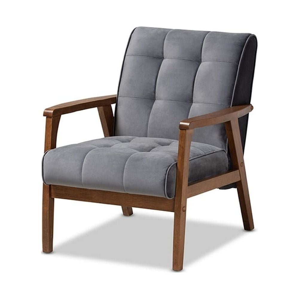 Mid-Century Modern Gray Velvet Accent Chair with Walnut Wood Frame