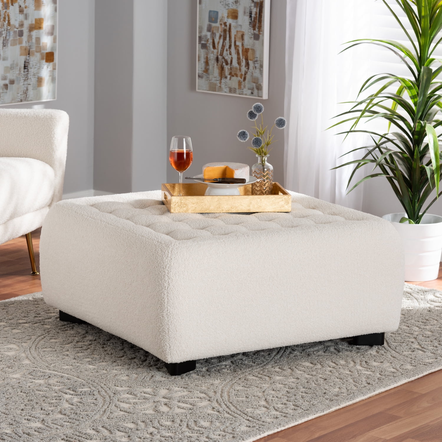 Ivory Boucle Upholstered Box Tufted Ottoman with Black Wood Legs