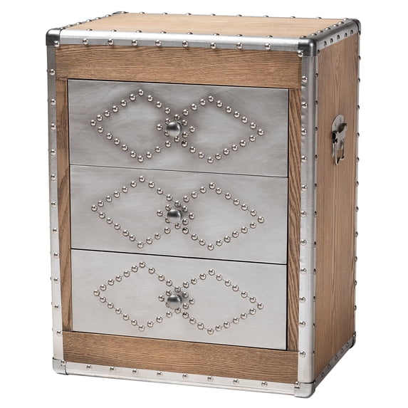 Baxton Studio Audric French Industrial Brown Wood and Silver Metal 3-Drawer Accent Storage Cabinet