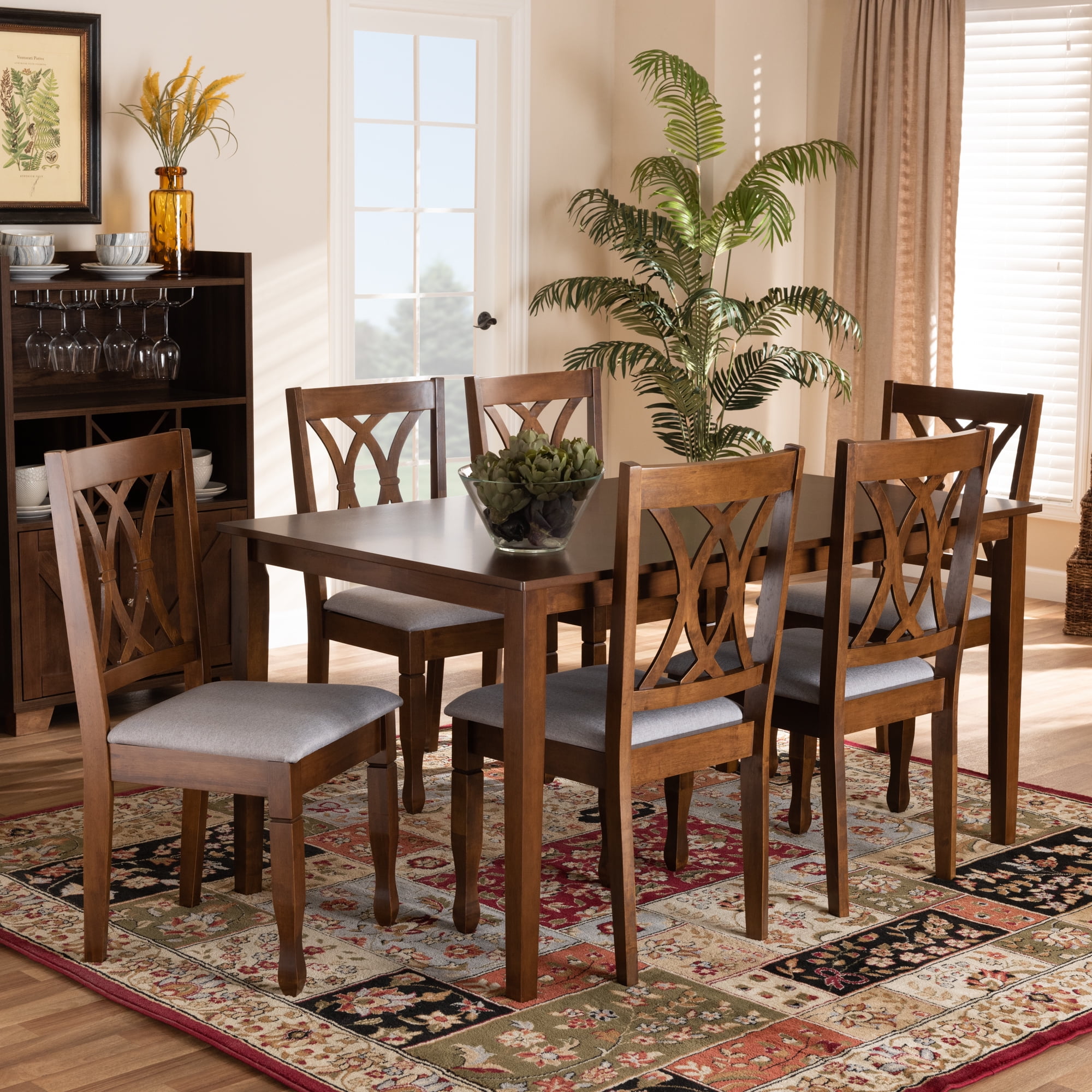 Baxton Studio Augustine Modern And Contemporary Grey Fabric Upholstered And Walnut Brown Finished Wood 7-Piece Dining Set