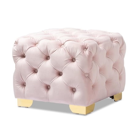 Baxton Studio Avara Modern Tufted Velvet Ottoman in Light Pink and Gold