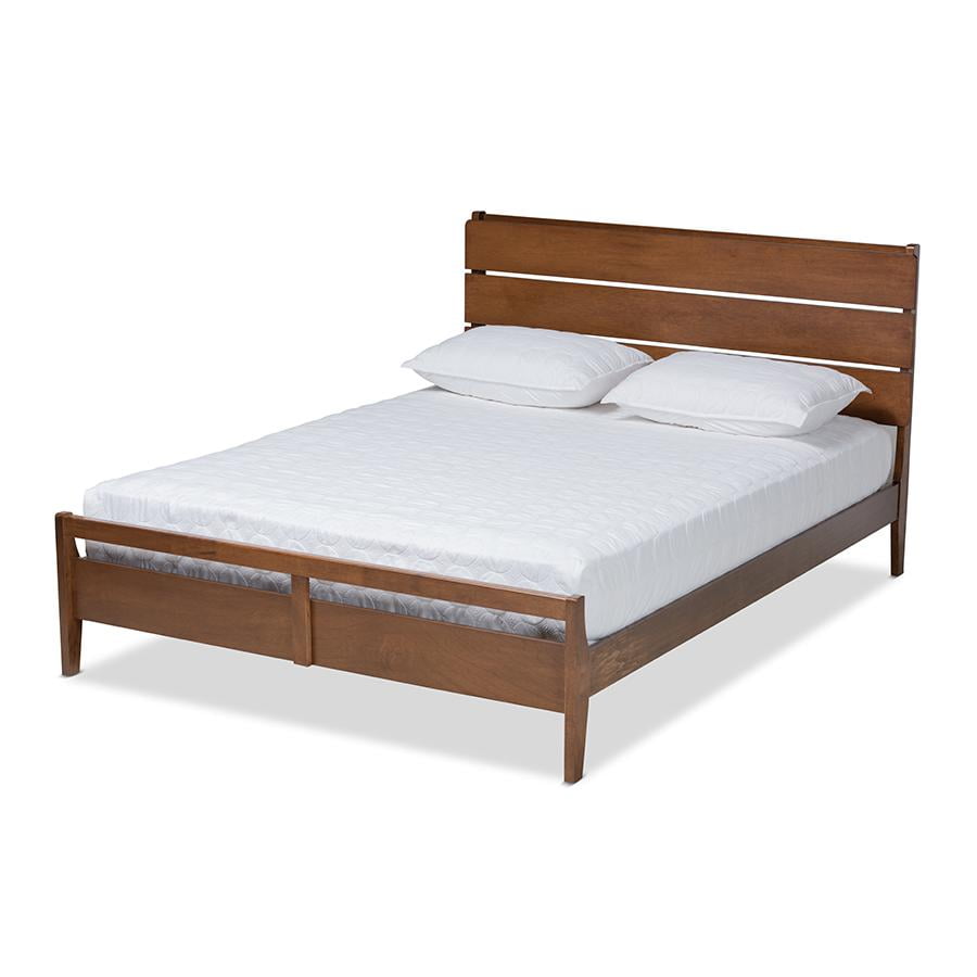 Walnut Finished Wood Queen Size Platform Bed with Slat Headboard