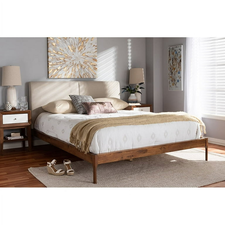 Baxton Studio Aveneil Mid-Century Modern Beige Fabric Upholstered Walnut Finished Full Size Platform Bed Baxton Studio Aveneil Mid-Century Modern Beige Fabric Upholstered Walnut Finished Full Size Platform Bed