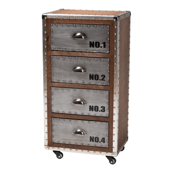 Baxton Studio Avere 4-Drawer Rolling Accent Storage Cabinet, Silver/Golden Oak
