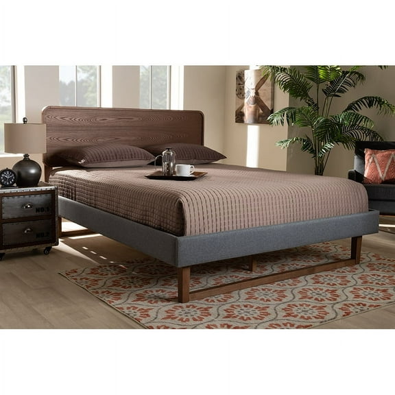 Baxton Studio Ayla Mid-Century Modern Dark Grey Fabric Upholstered Walnut Brown Finished Wood Full Size Platform Bed