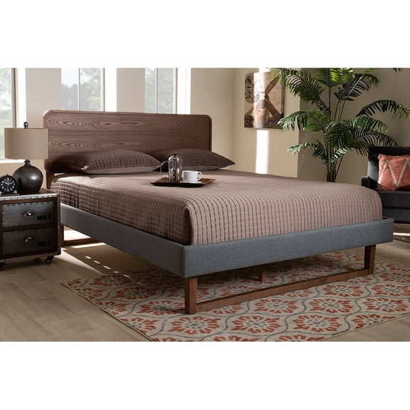 Baxton Studio Ayla Mid-Century Modern Dark Grey Fabric Upholstered Walnut Brown Finished Wood Queen Size Platform Bed