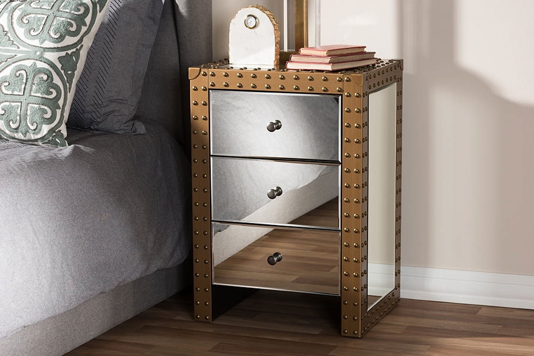 Baxton Studio Azura Rustic Industrial Style 3 Drawer Mirrored Nightstand