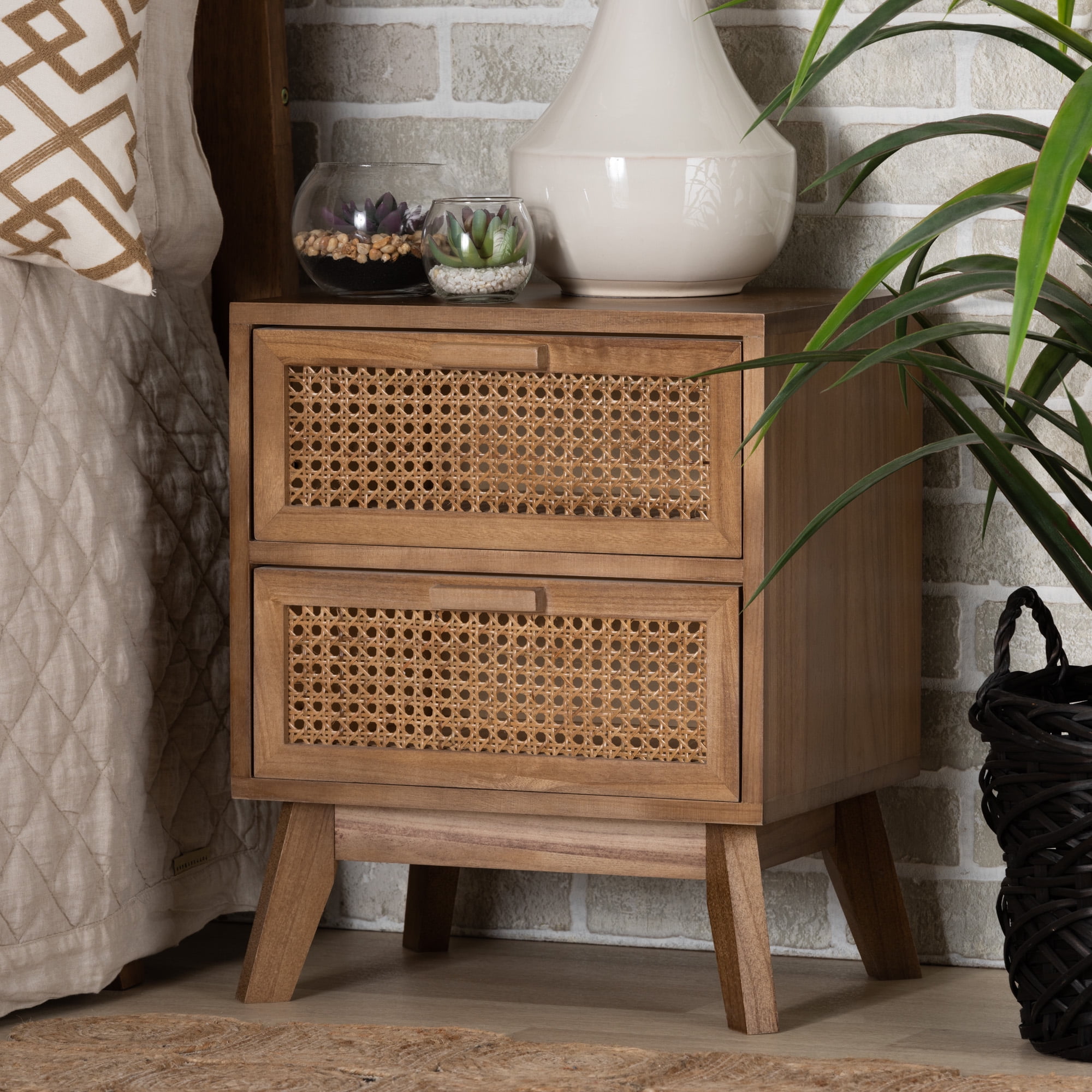 Baxton Studio Baden Mid Century Modern Walnut Brown Finished Wood 2 Drawer End Table with Rattan