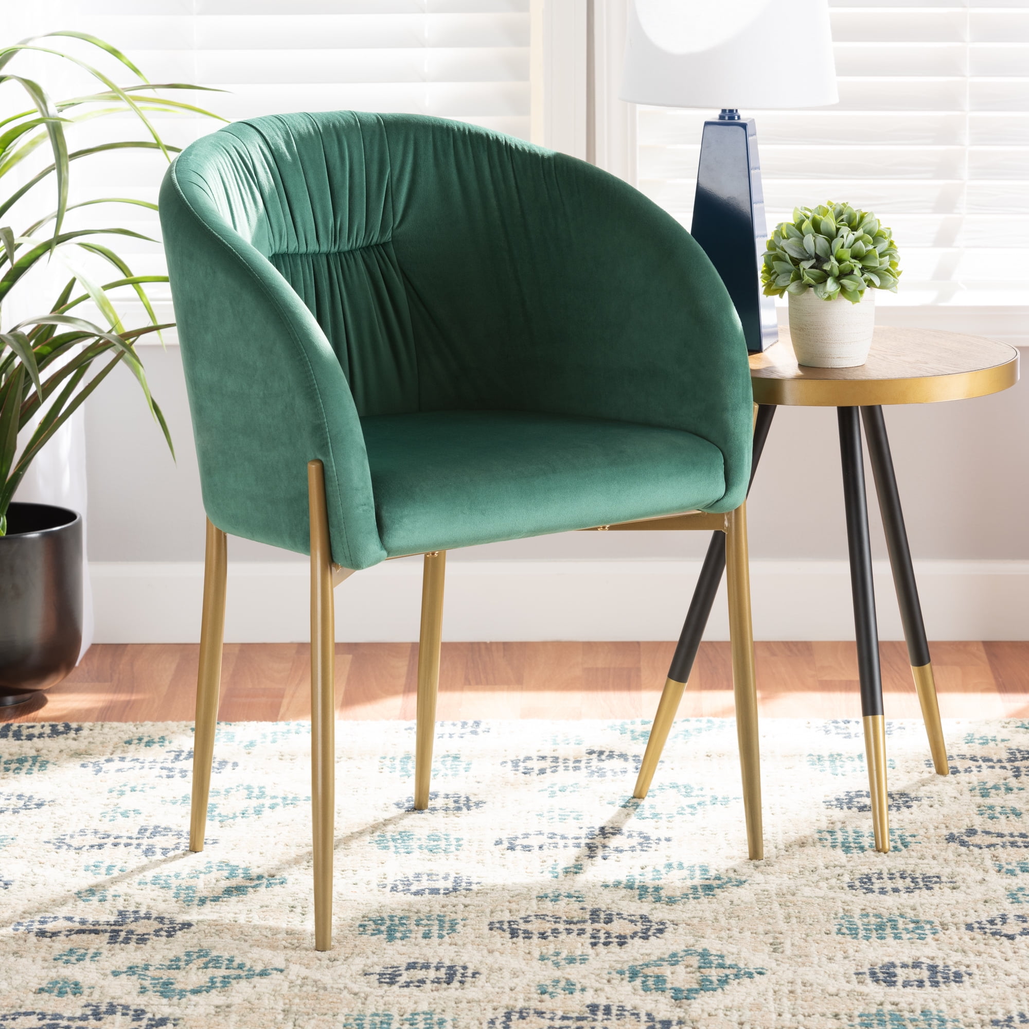 Green Velvet and Gold Metal Modern Arm Chair