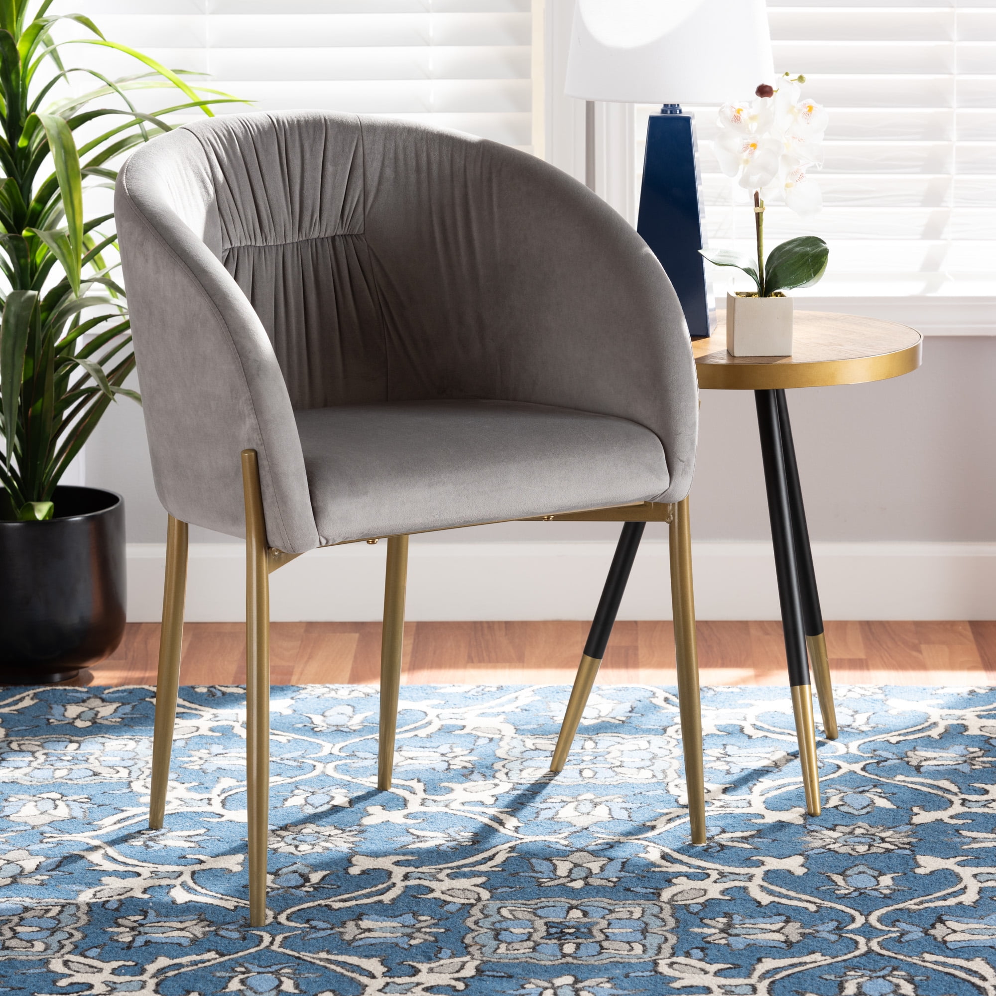 Grey Velvet Upholstered Arm Chair with Gold Metal Legs