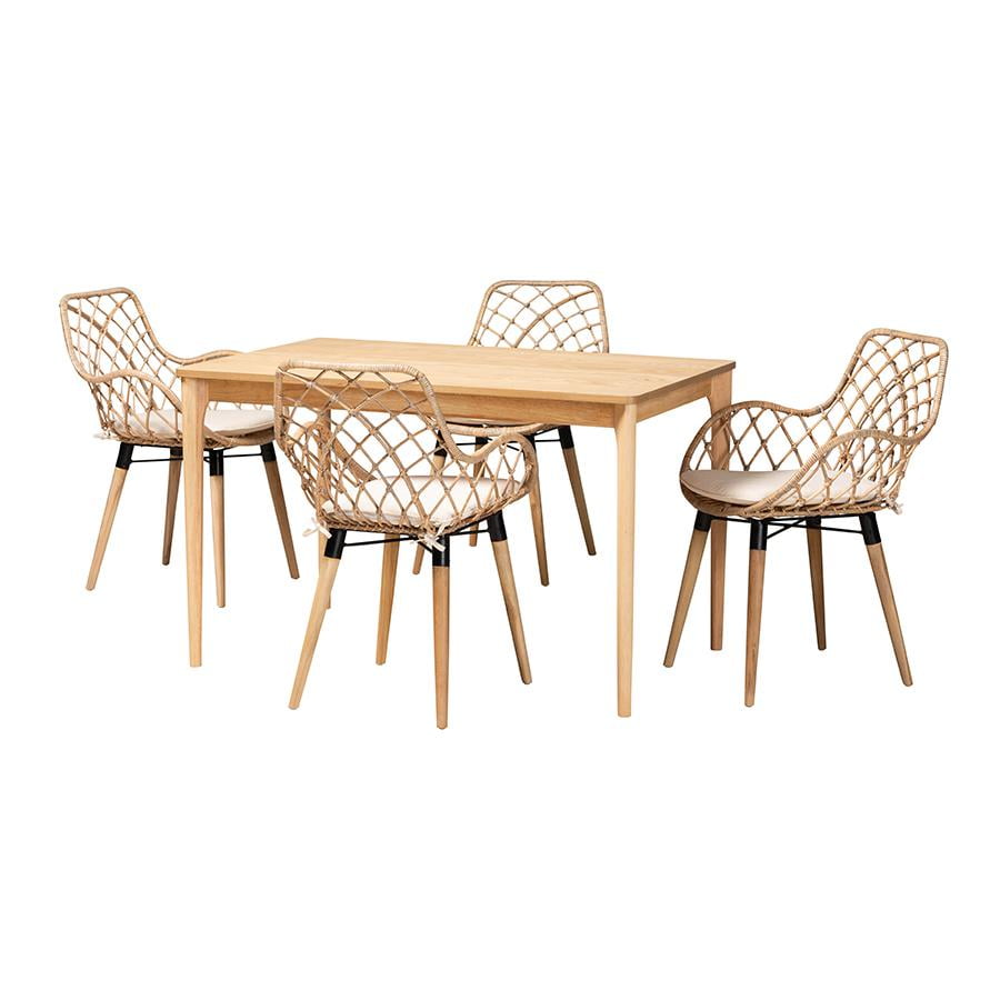 Baxton Studio Ballerina Greywashed Rattan and Brown Wood 5-Piece Dining Set